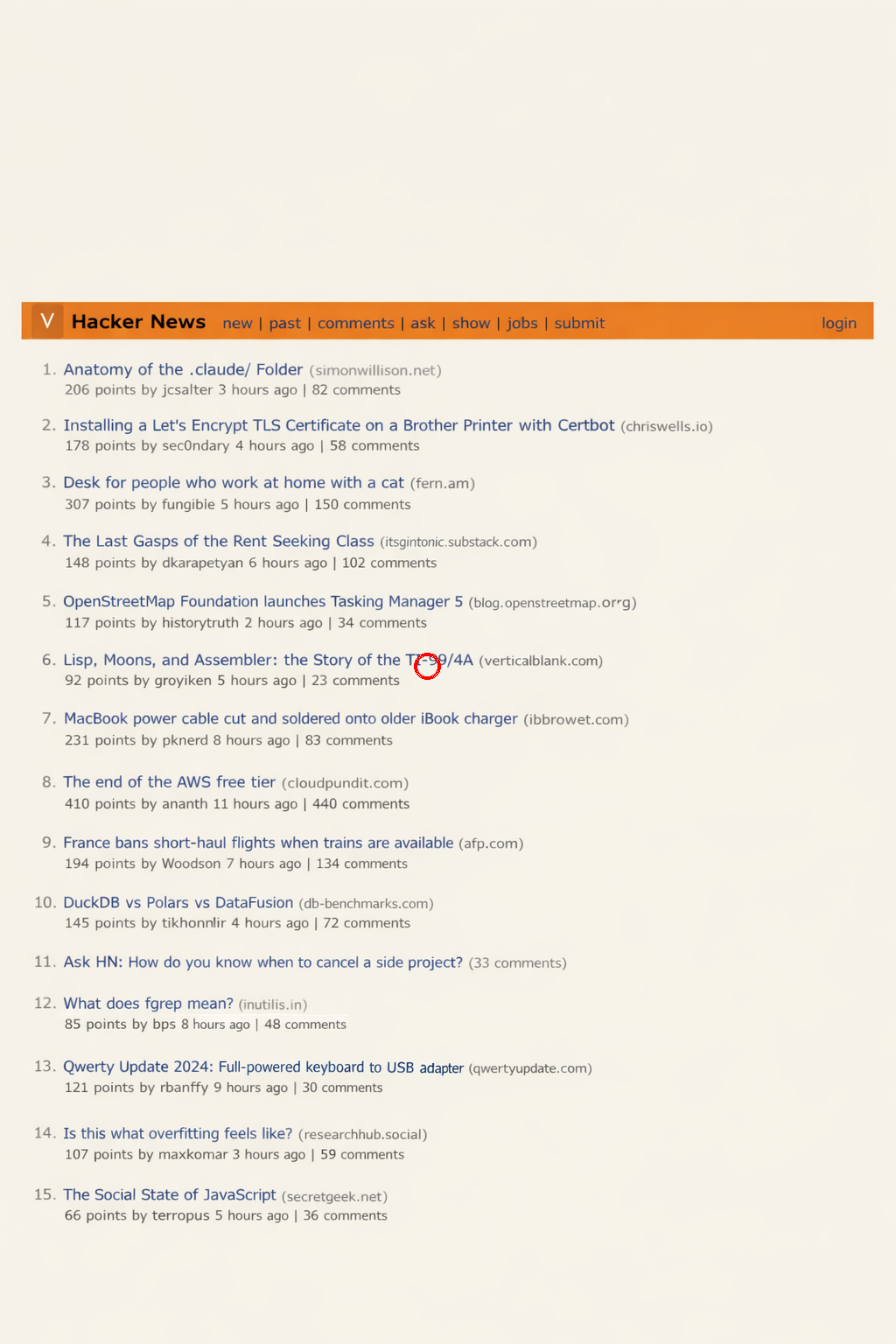 Hackernews homepage
