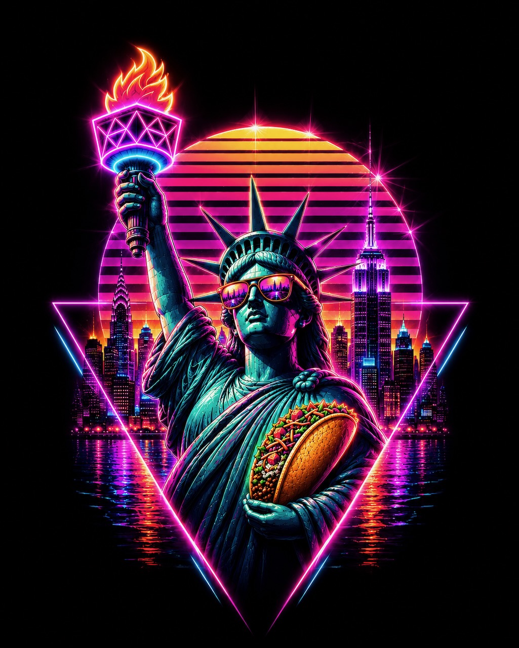 Neon illustration of the Statue of Liberty holding a taco against the Manhattan skyline